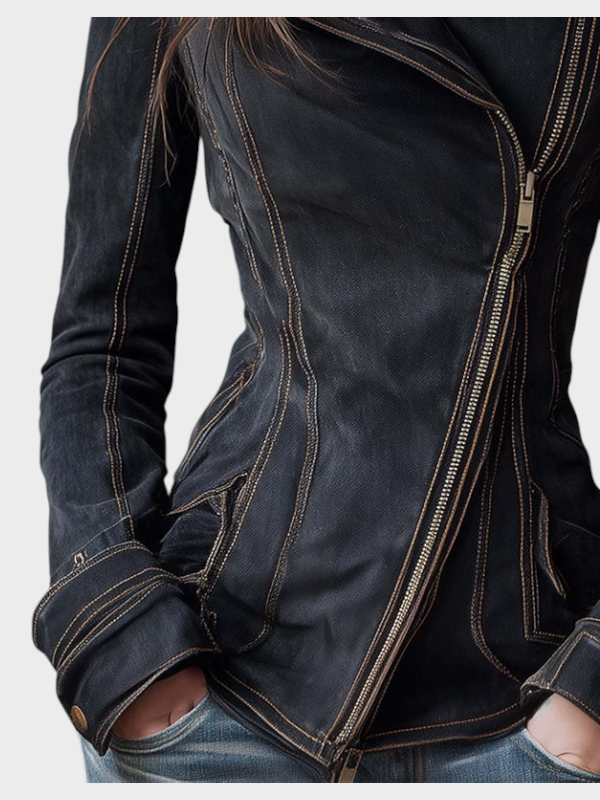 Hanne | Μπουφάν μοτοσικλέτας από vintage πλυμένο τζιν – Άκρη από κάρβουνο