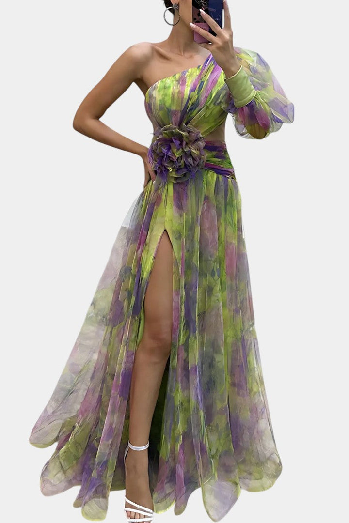 Amelie Φόρεμα Μάξι Ασύμμετρο Μονόωμο με Καλλιτεχνικό Σχέδιο