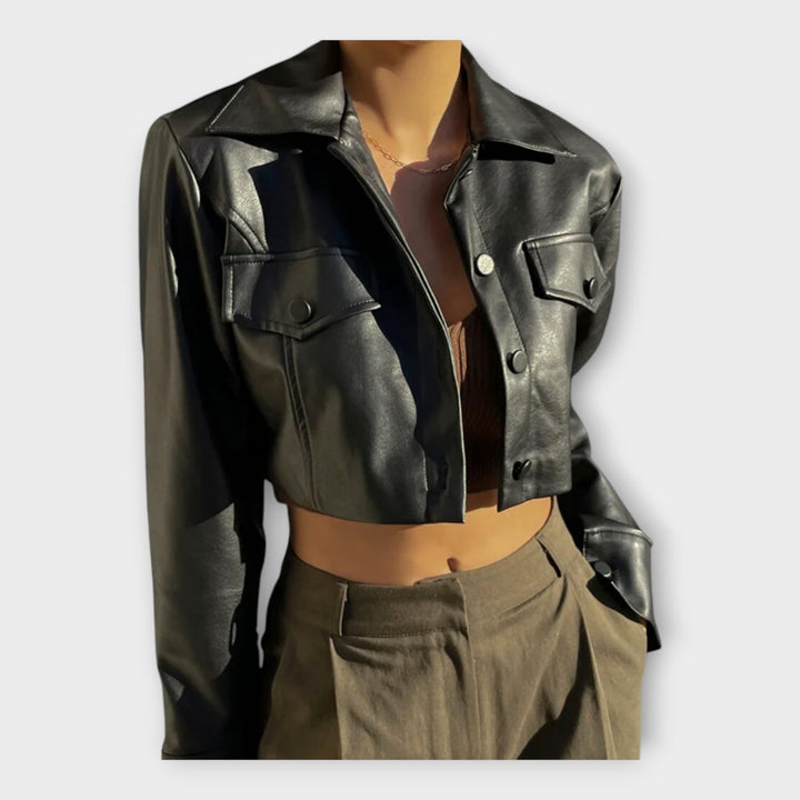 Κοντό Δερμάτινο Μπουφάν με Τσέπες